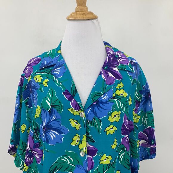 Jones New York Hawaiian Shirt Womens 12 Teal Floral Rayon Short Sleeve Button Up - Picture 3 of 13